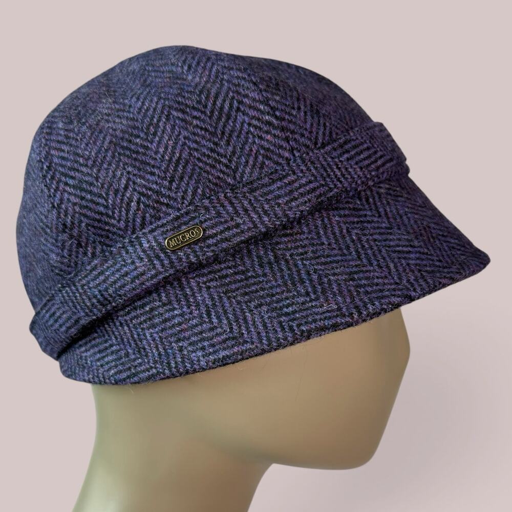 Mucros Weavers Ireland Womens Wool Tweed Flapper Cap Hat Purple Herringbone